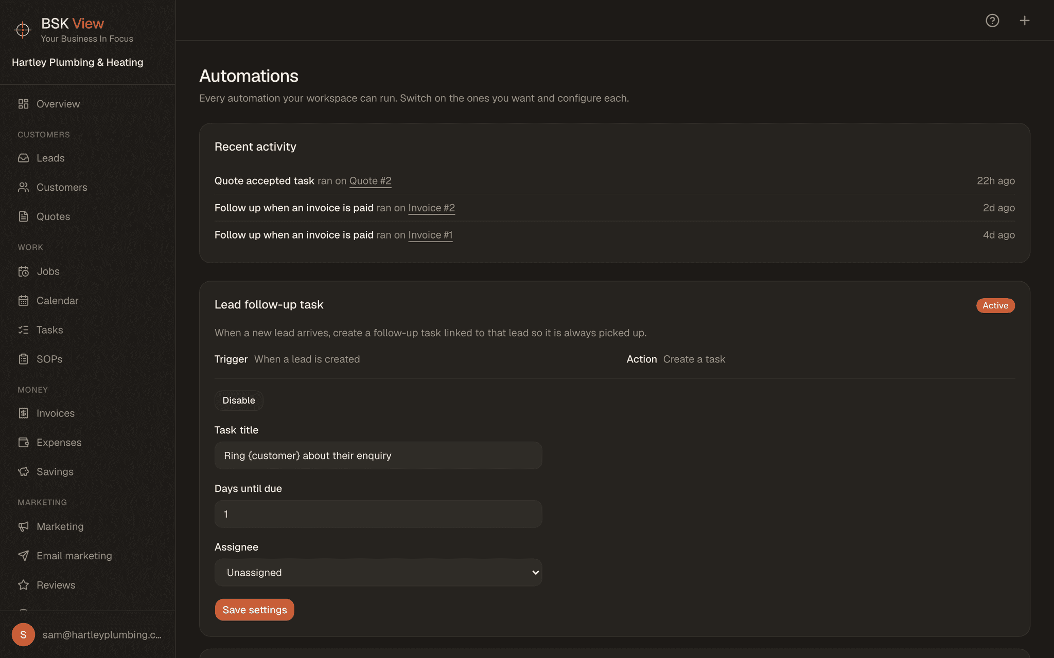 The automations screen inside BSK View. A recent activity list records three rules that have already run and when, and below it one rule, lead follow-up task, is shown in full with its trigger, its action, the task title it writes, the days until due and the assignee.