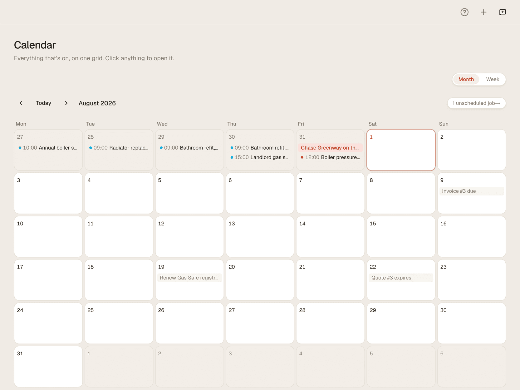The calendar inside BSK View, showing August 2026 as a month grid. Five jobs sit across the first week with their start times, one day carries a chase reminder, and an invoice due date and a quote expiry appear on the same grid later in the month. A control in the corner reads one unscheduled job.