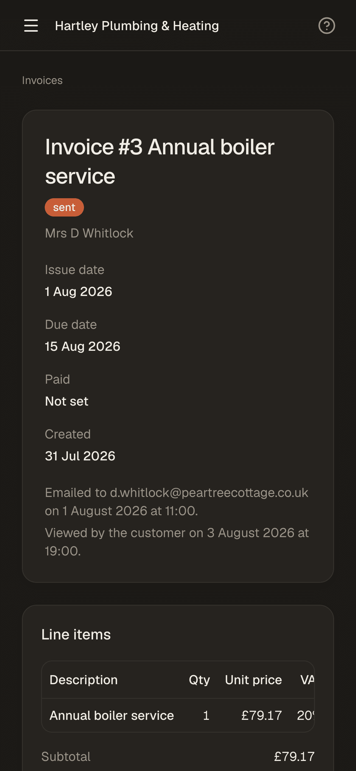 An invoice inside BSK View on a phone. It is headed Invoice #3 Annual boiler service with a badge reading sent, and records that it was emailed to the customer on 1 August 2026 at 11:00 and viewed by them on 3 August 2026 at 19:00.