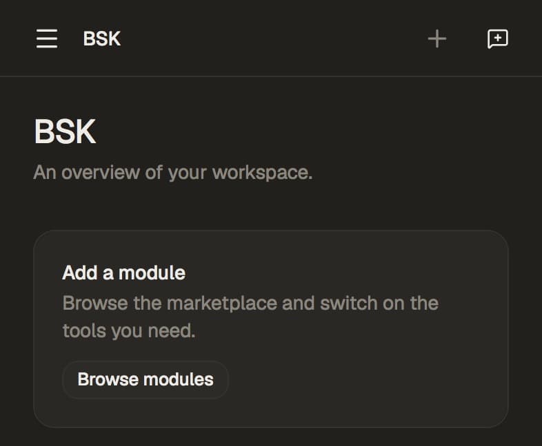 The top of the BSK View overview screen, showing an Add a module card inviting you to browse the marketplace.