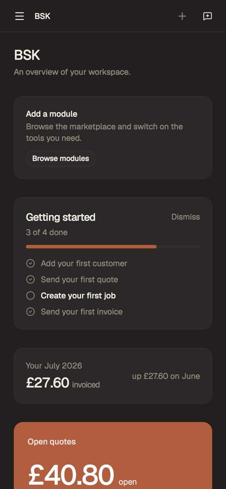 The BSK View overview screen on a phone, showing open quotes, leads, customers and this month's invoiced total.