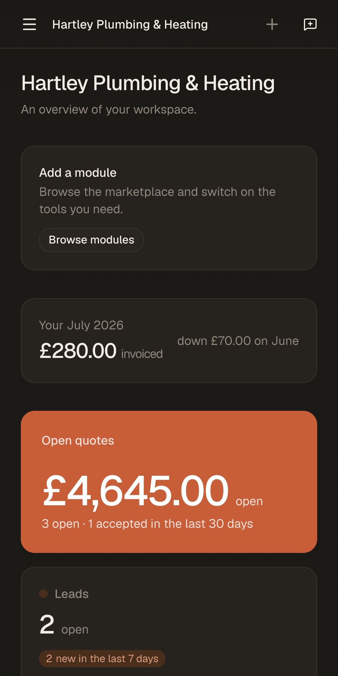 The BSK View overview screen on a phone, for a plumbing business, showing £4,645 of open quotes across three quotes with one accepted in the last 30 days, £280 invoiced this month, and two open leads.