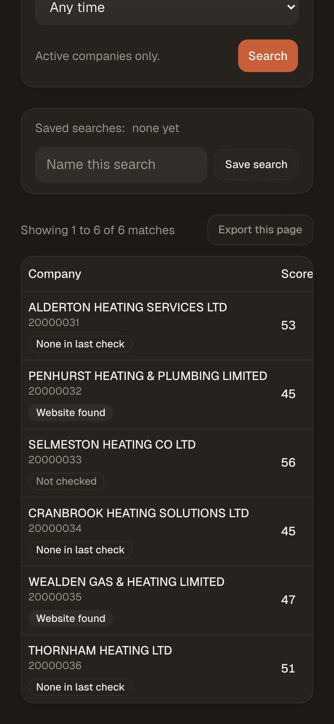 Prospect Finder inside BSK View on a phone, showing six matching heating companies. Each row gives the company name, its company number and a score, and is labelled with what the last check found: none in last check, website found, or not checked.