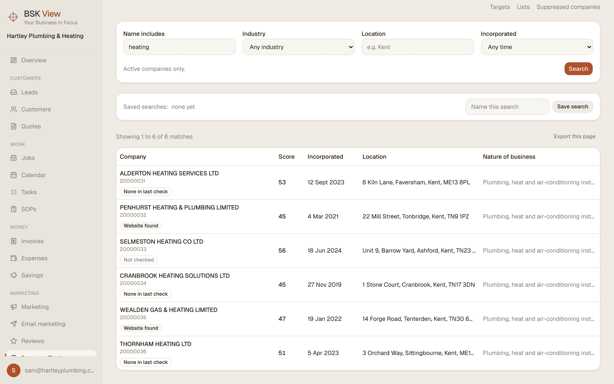 Prospect Finder inside BSK View, showing a search for heating companies with six matches. Each row gives the company name, a score, the incorporation date, the location and the nature of business, and is labelled with what the last check found: none in last check, website found, or not checked.